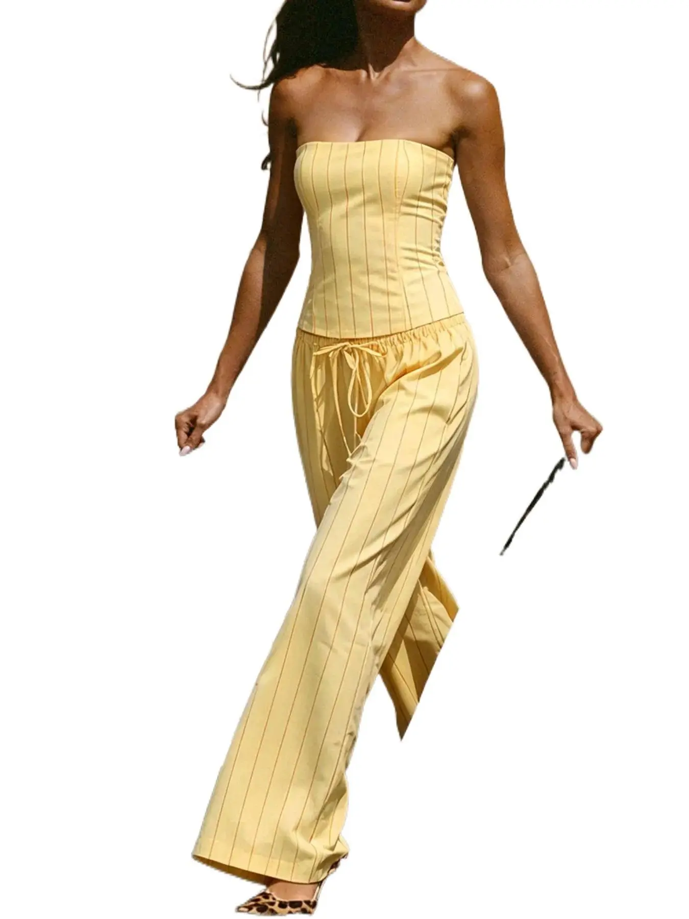 Women Striped Strapless Corset Top Wide Leg Pants 2 Piece Set Sexy Daily Lounge Matching