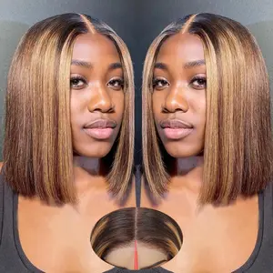 Human Hair 13x4 HD Lace Front Wigs  Highlight Ombre Bob Wig 180 Density  4/27 Honey Blonde Highlight Ombre Pre Plucked Short Bob Wigs for Women Glueless 10 Inch