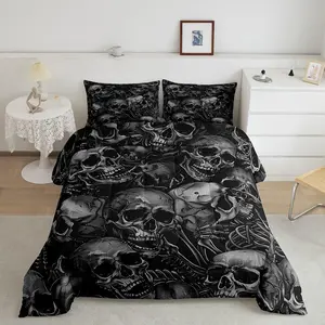 Sugar Skull Bedding Set Gothic Skeleton Comforter Set,Room Decor Pesonalized Skeleton Bones Comforter,Halloween Themed Grey Duvet Set Multiple Size