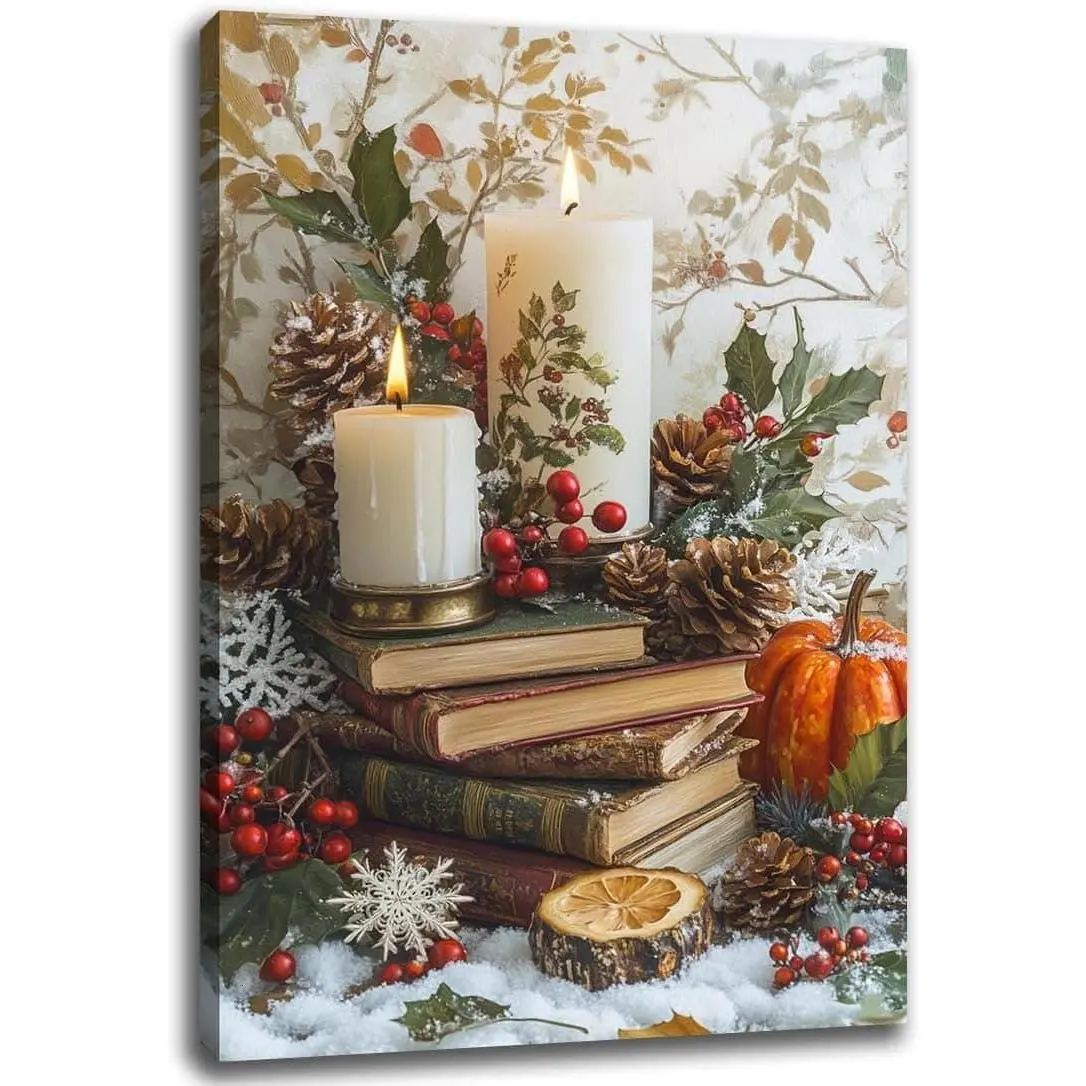 Vintage Christmas Canvas Wall Art – Pinecones and Books Winter Still Life Painting, Holiday Decor for Book Lovers, Festive Xmas Wall Art for Living Room or Bedroom, Framed