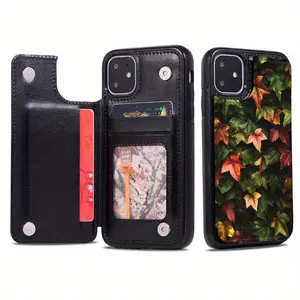A Creative Leaf Pattern Leather Card Holder Phone Case, Suitable for iPhone 17 Air/16 Plus/15 Pro Max/14 Pro/13/12/11/XS Max/X Phone Case, Ideal Gift for Thanksgiving and Christmas for Family, Friends, Lovers, Boyfriend, Girlfriend