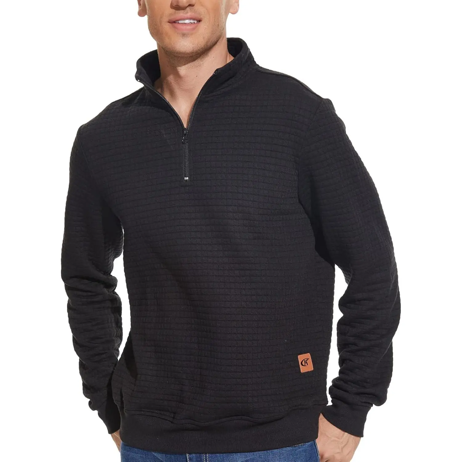 Men's Minimalist Quarter-Zip Hoodie Sweatshirt Top - Classic Long-Sleeve Plain Knit Pullover with Chic Square Pattern, Soft Polyester Menswear for Daily Sport Wear