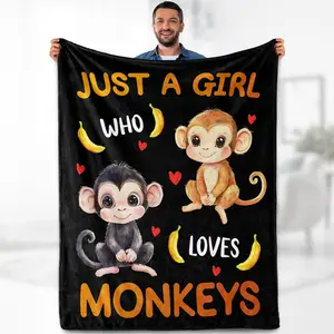 Monkey Blanket Gifts for Girl Woman - Just A Girl Who Loves Monkeys Cute Animal Lovers Throw for Teen Kids Adults Soft Fleece Cozy Bed Couch Decor Birthday Christmas Lightweight Blanket 50"x60", Printed on One Side with a Plain White Back, Halloween Thank