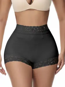 1 Count Women's Solid Color Tummy Control Shapewear Shorts, Fajas, Butt Lifting Bottoms, Lace Trim Design Panties, Hourglass Silhouette Panty, Suitable For Fitness Workouts, Casual Outings, Parties & Celebrations, Underwear