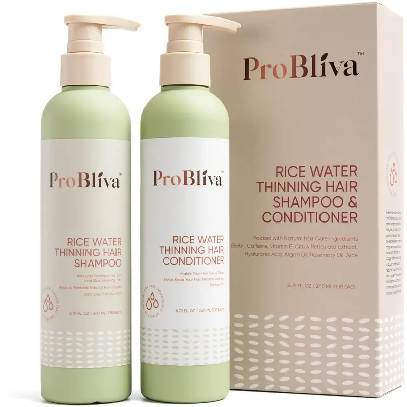 ProBliva Rice Water Haircare Restorative Shampoo & Conditioner Set, Infused with Biotin, Caffeine, Vitamin E, Hyaluronic Acid, Rosemary Oil, for Thick, Strong Hair