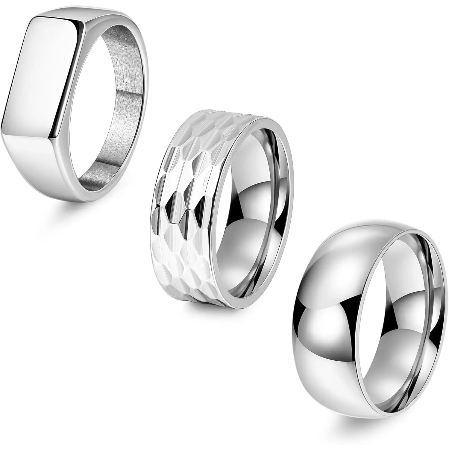 3 count Stainless Steel Rings for Men 8MM Hammered Wedding Ring Set Square Signet Rings Pinky  Ring Simple Mens Band Rings /Black/ Size 7-13