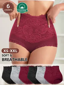 Women's High-Waisted Lace Panties Set, Soft Breathable Cotton Lingerie, Fitted Underwear for All Seasons, Sizes XS-Xxl