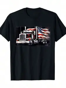 Men's 100% Cotton Short Sleeve Graphic Casual T-Shirt - US American Flag Print, Semi Truck Driver Trucker Themed, Comfortable Versatile Menswear Top