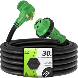 30  30 Amp RV Lockable Power Extension Cord with Easy Plug-in Handle, TT-30P to L5-30R, LED , 10 AWG, ETL Listed