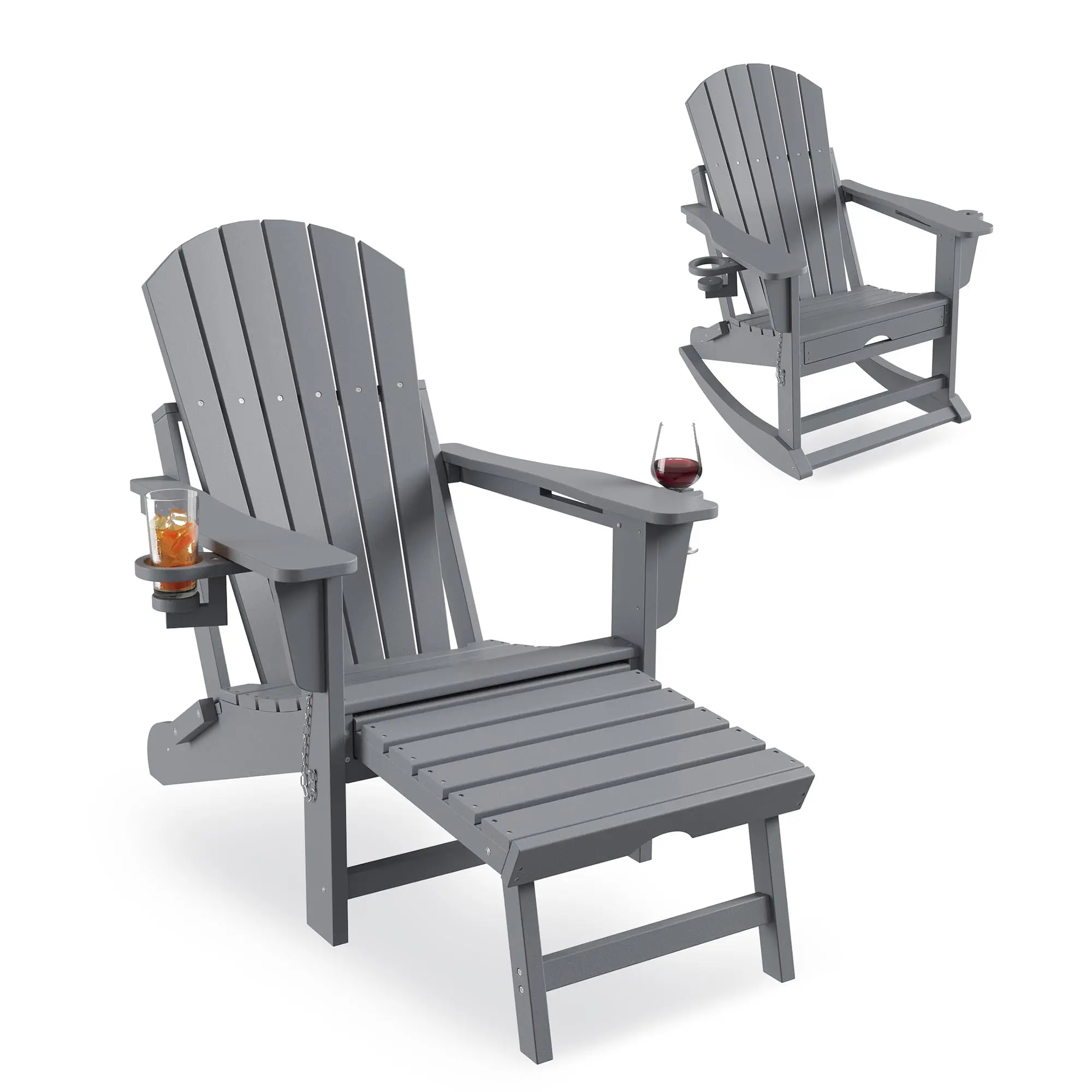 Folding Adirondack Rocking Chair with Retractable Ottoman & Cup Holders – HDPE All-Weather Outdoor Patio Chair, Ergonomic High-Back Rocker for Porch, Deck, Lawn, Garden