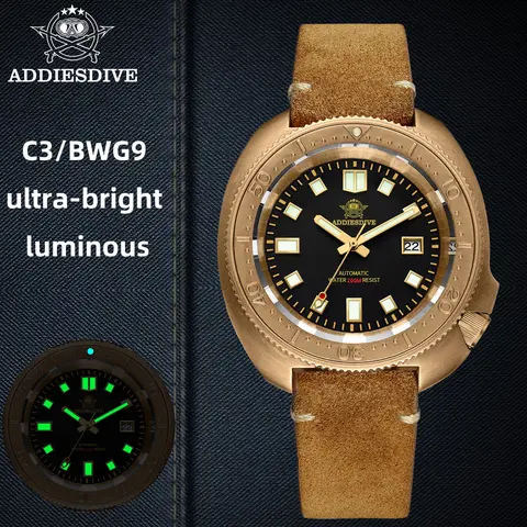 ADDIESDIVE Men's Bronze Automatic Diver Watch - Japan NH35A Movement, Synthetic Sapphire, 200m Waterproof (10atm Sealed), C3 Night Glow Analog Dial, Leather Shearling Strap with Clasp, Vintage Luxury Casual Fashion Watches