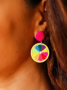 Fuchsia Beaded Stud Multicolor Wood Dangle Earrings