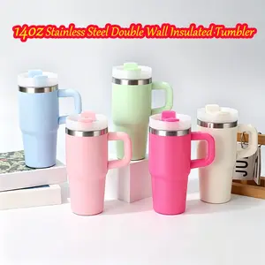 14oz Stainless Steel Double Wall Insulated Tumbler with Handle & Straw,reusable thermos cup,Ice Domination Cup， daily use drinkware，DIY Craft Cup, Outdoor Sports, Travel Camping, Holiday Gift
