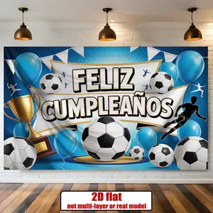1pc 2D Flat Football Banner, Summervibes Polyester Wall Backdrop, Easy-to-Hang Spanish "Feliz Cumpleaños" Decor, Birthday Soccer Party Trophy & Balloon Background with Soccer Cutouts