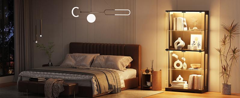 BROTTAR Display Cabinet with Glass Doors, 4-Tier Curio Cabinet with 3 Color Lights for Collectibles, 65" Lighted Glass Display Case with Transparent Full-Display Surface, Human Body Sensor, Black