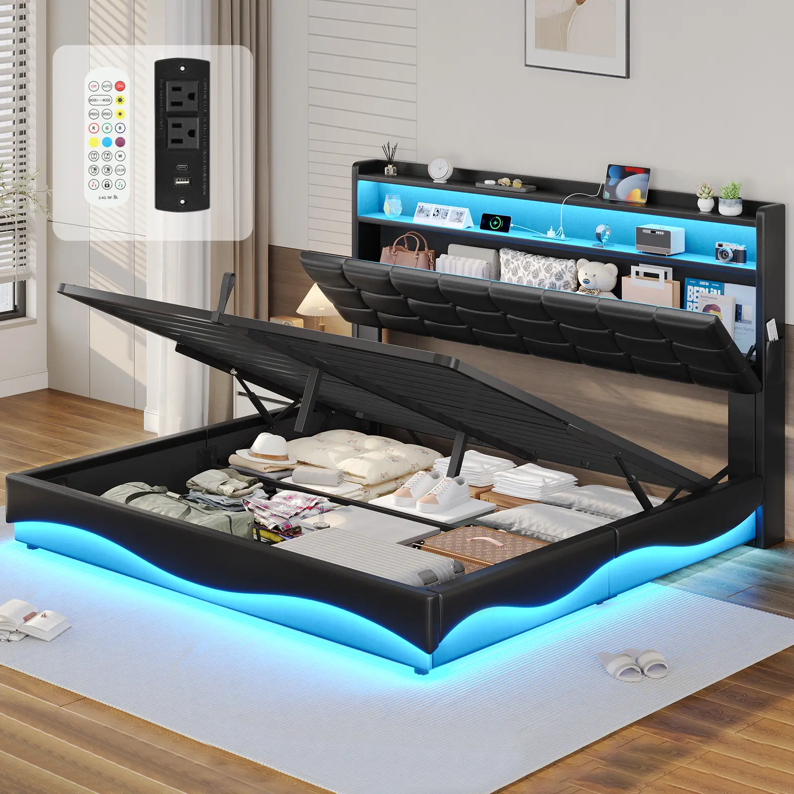 ADORNEVE Full Size Upholstered Platform Bed Frame with Hydraulic Lift-Up Storage, Hidden Storage Headboard, Type-C Charging Station and LED Lights, Full Size Bed Frames,dorm essentials,home decor