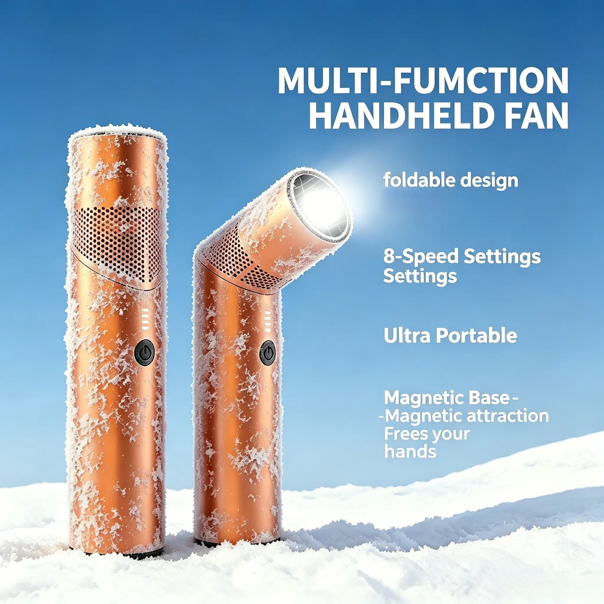 2-in-1 Portable Magnetic Base Metal Body Fan, 19000 rpm Turbo Fan with Rotatable Head, 10 Hours USB-C Rechargeable, LED Emergency Light, Cool-Warm Function for Travel, Camping