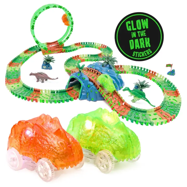 DinoTrack Forest Glow Dinosaur Race Track Set – Battery-Powered Car, Glow-in-the-Dark Loop, 185 Pieces, Ages 3+