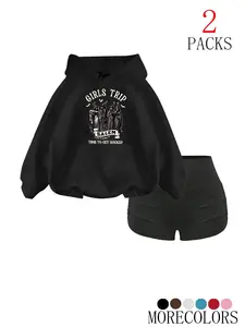 Women's Halloween Witch Camp Hoodie Set, Casual Loose-Fit Drawstring Sweatshirt, Fall & Winter Fashion, Pocket Design, 2 Piece