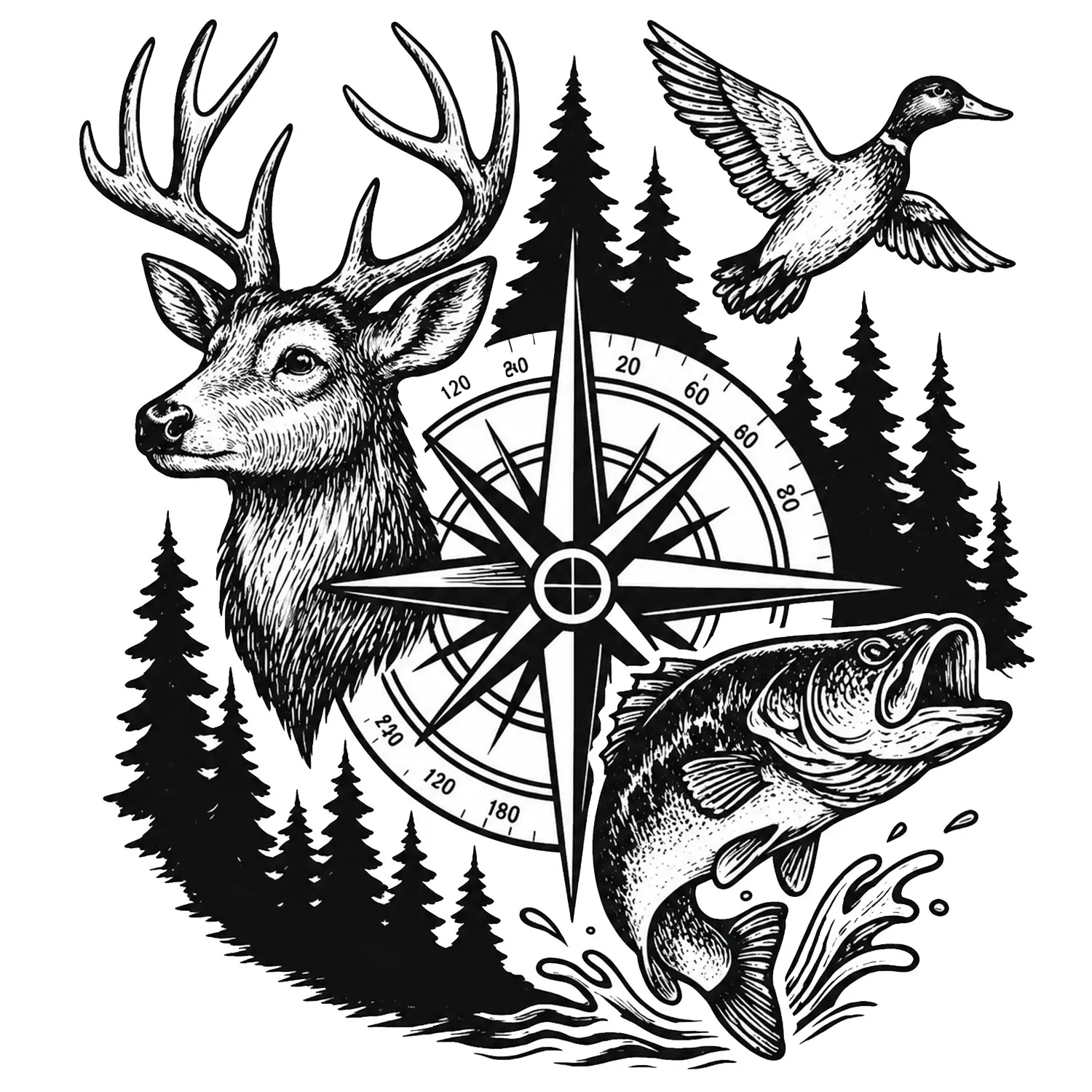 Deer Duck Fishing Compass Sticker, Black & White Outdoor Wildlife Design with Forest and Bass, Rustic Hunting Decal for Nature, Camping & Adventure Lovers