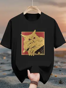 Men's pure cotton casual short-sleeved T-shirt, spring and summer style short-sleeved solid-color printed casual sports T-shirt, all-cotton home and outdoor comfortable and breathable round-neck T-shirt, suitable as a gift for men