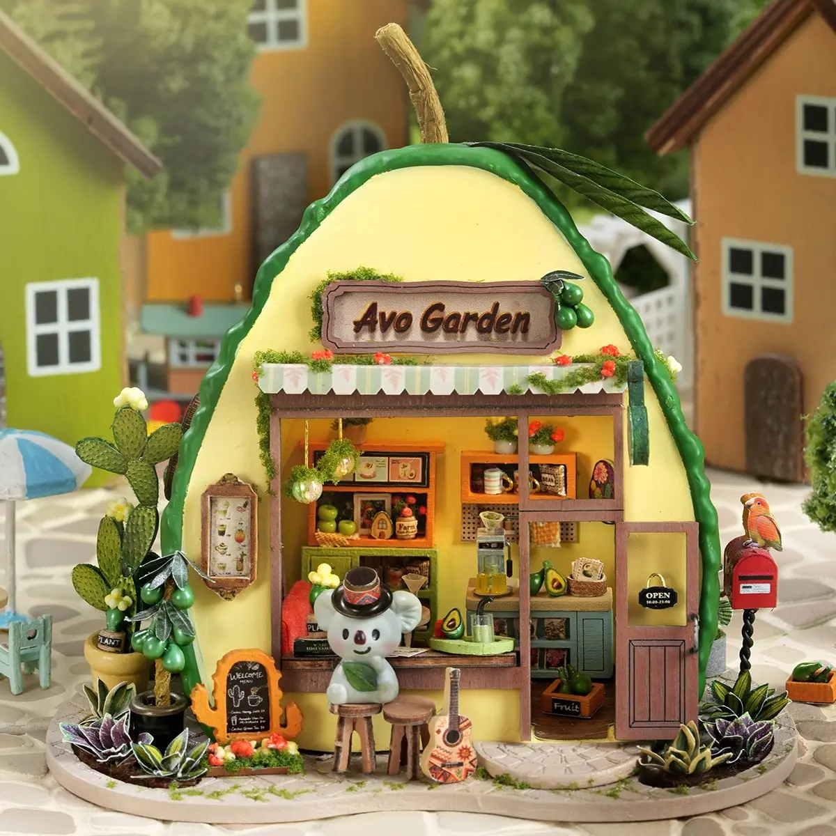 DIY Micro Scene Fruit Town Koala Milkshake Shop 3D Puzzle, Creative Gift, Wooden Model Kit, Decorative Ornament, Age 14+, Includes Instructions