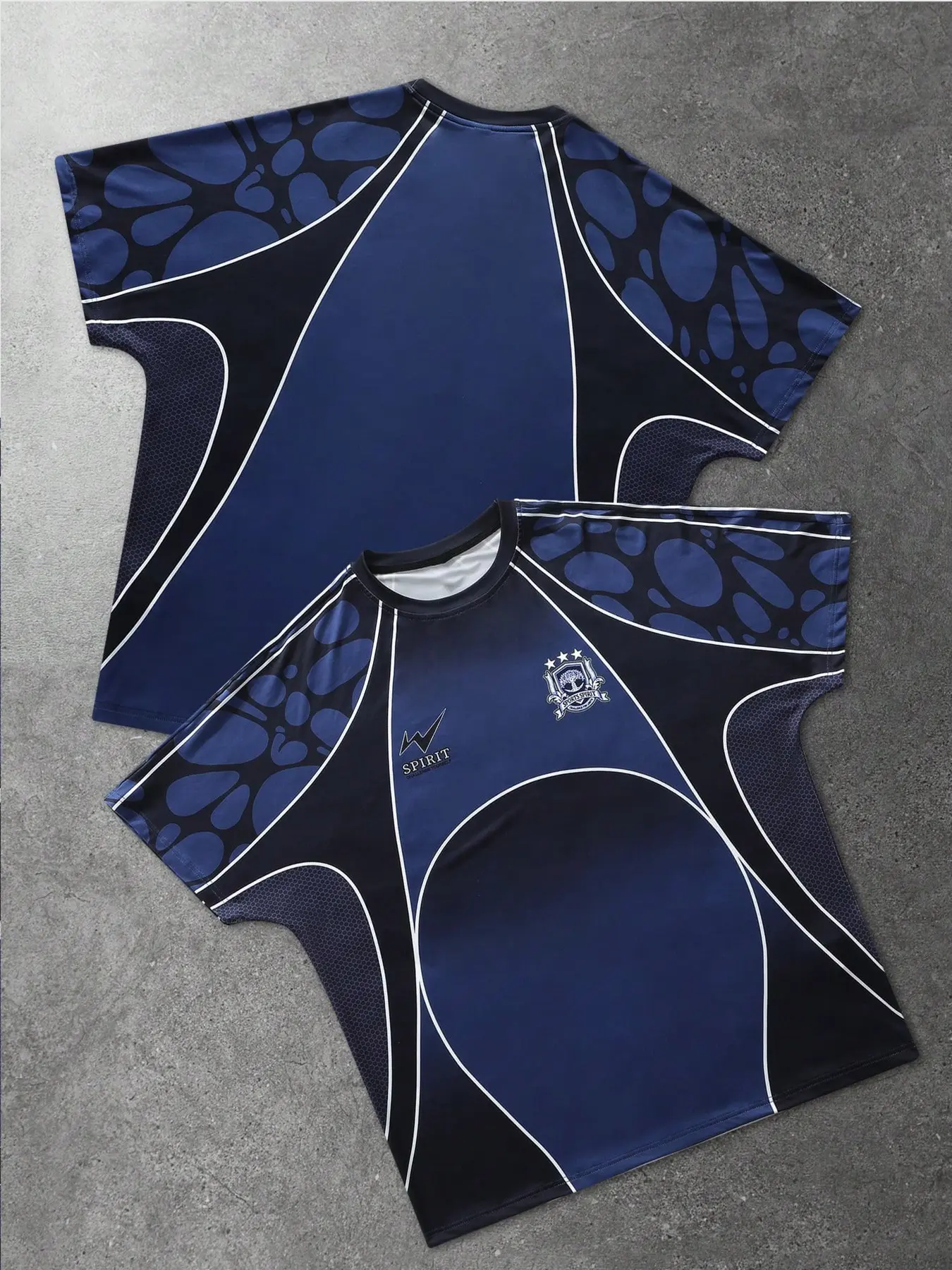 Vintage Spirit Aesthetic Sporty Jersey Top - Unisex Blue Contrast Piping Sublimation Print Tee - Heavyweight Breathable Football Shirt for Blokecore Street Style