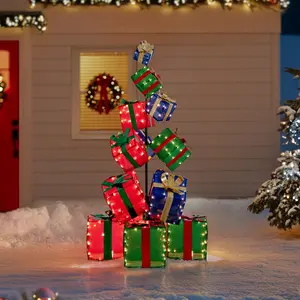 SUNJOY 63 Inch Christmas Lighted Stacked Gift Box Decor with LED Lights Decoration Ornaments