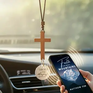Bible Verse Car Rearview Hanging Cross Ornament Scan for Daily Scripture Christian Car Accessories Gift for Men Women Easter Xmas Solid Sandalwood Cross for Car Mirror Hanging "I Am With You Always"Christian Charm Daily Encouragement Gift for Bible Study