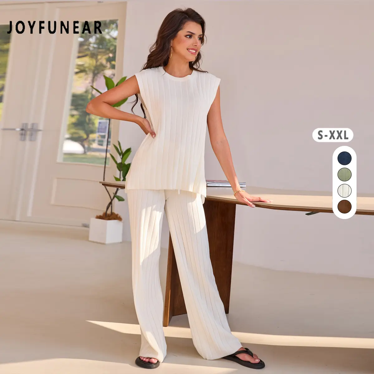 Joyfunear Solid Two-piece Knitted Sweater Set Summer Sleeveless Knitted Pullover Top High Waisted Casual Pants Set For Women 2025 New Arrival Breathable Clothes Fit Chic