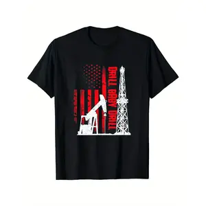 Men's "Drill Youngsters Drill" Oilfield Graphic T-Shirt - Black 100% Cotton Crew Neck Short Sleeve Tee with American Flag & Oil Derricks Design for Work, Casual or Oilfield Events