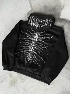 Men's Hooded Fitted Sweatshirt with Geometric Metal Font Text & Skeleton Graphic Print, Dark Punk Gothic Style, Perfect for Trendy Individuals