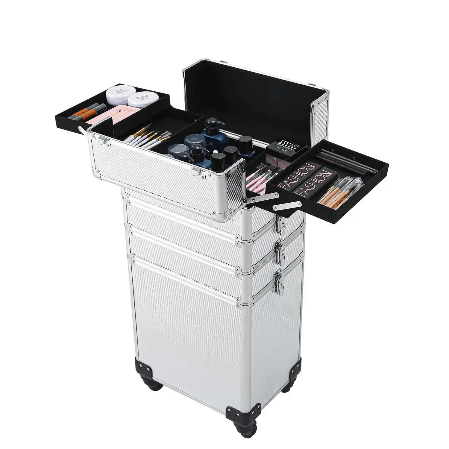 4-in-1 Draw-bar Style Interchangeable Aluminum Rolling Makeup Case Silver Cosmetic
