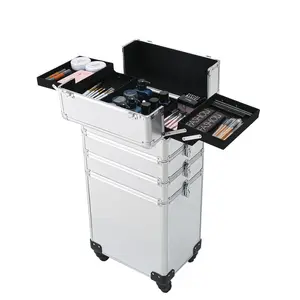 4-in-1 Draw-bar Style Interchangeable Aluminum Rolling Makeup Case Silver Cosmetic