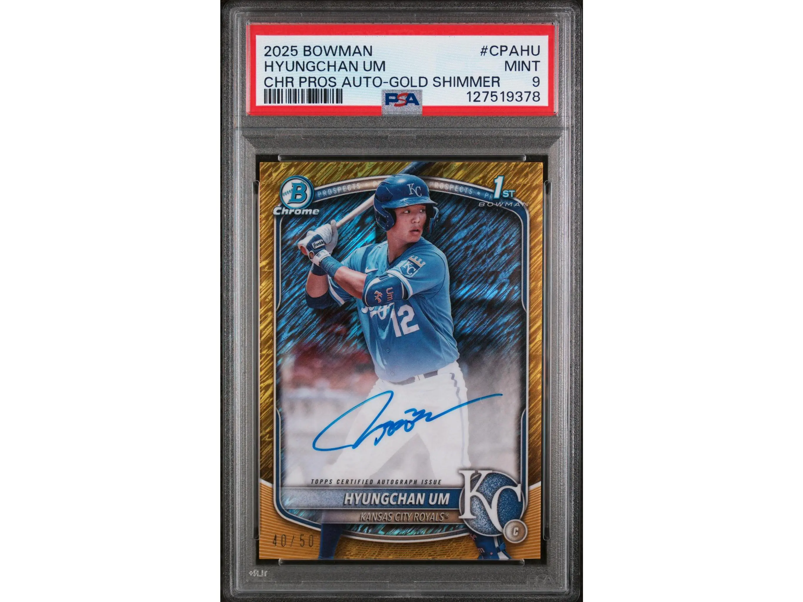 2025 Bowman Chrome Prospect Autograph Gold Shimmer Refractor Hyungchan Um #CPAHU /50 PSA 9