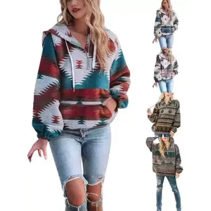 [Plus SizeS-4XL]Womens Aztec Half Zip Up Hoodies Sweatshirt Casual Long Sleeve Oversized Ethnic Tribal Hooded Pullover Shirt Top