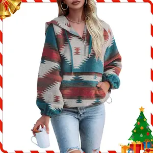 FMEYOA Womens Christmas Aztec Half Zip Up Hoodies Sweatshirt Casual Long Sleeve Oversized Ethnic Tribal Hooded Pullover Shirt Top