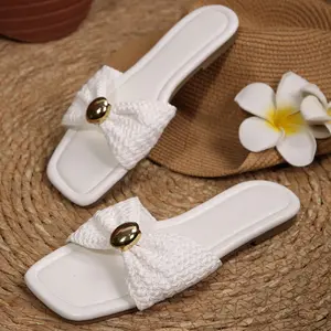 Women's Flat Sandals Elegant Square Toe Bow Sandals Breathable Outdoor Slides