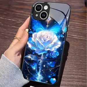 Mobile Phone Case for iPhone 16 Pro Max, Luxury Blue Rose Butterfly Glittering Shockproof iPhone Case, Anti-Drop Dual-Layer PC+TPU+Glass Protective Mobile Case, Compatible with iPhone 16–11 Pro Max/Plus
