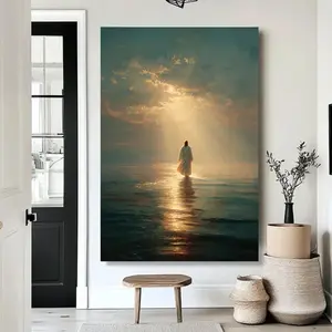 Jesus Walking on Water Canvas Painting, Spiritual Wall Decor with Divine Golden Light, Modern Christian Canvas Art, Ready to Hang Religious Artwork, Faith-Inspired Christian Gift for Home