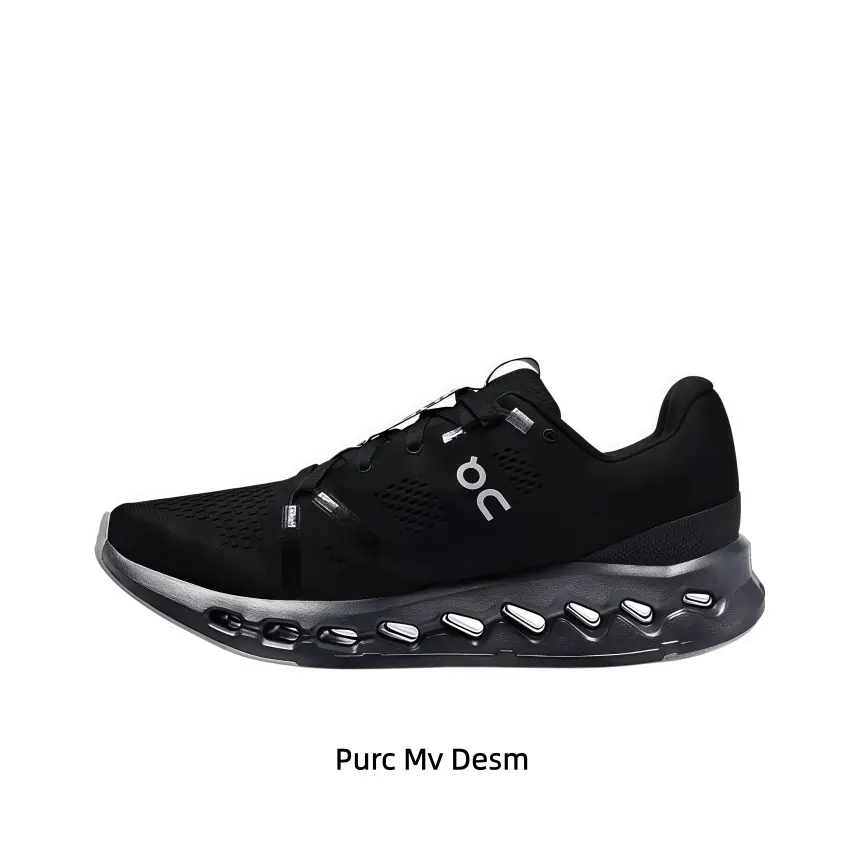 Sleek All Matte Black Breathable Perforated Mesh Athletic Running Sneakers With Black Integrated Strap Lacing System Elongated Teardrop Hollow Shock Absorbing Dark Transparent Gray Chunky Platform Midsole Anti-Slip Stain Resistant Full