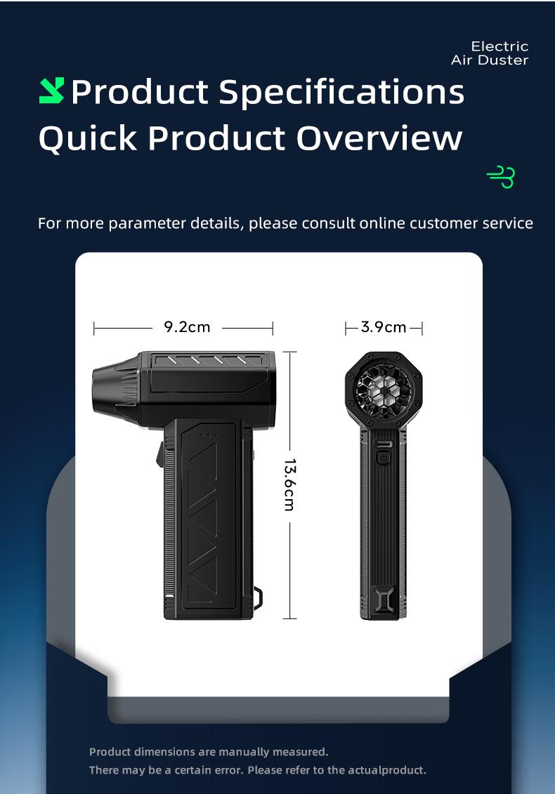 Powerful Turbo Fan 140,000 RPM Mini Portable Jet Fan Compressed Air Duster Keyboard Cleaner Type-C Rechargeable Handheld Blower for Cars PCs Snow Removal with 3-Speed Settings