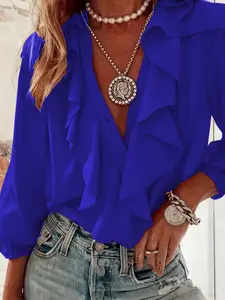 Women's Elegant Solid Color Ruffle V-Neck Button Front Top Long Sleeve Shirt Blouse, Lady, Womenswear, Casual Fitted Style, Spring & Fall Fashion, Plain Pattern, Top