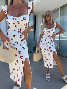 Summer New Elegant Design Fruit Print Backless Slit Dress, Casual Loose Fit Women's Summer Dresses, Comfortable & Stylish Daily Wear