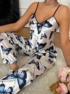 Women's Butterfly Print Strap Sleepwear Set, Comfortable Fashion Design, Perfect for Casual Wear, Ladies' Nightgown & Pajama Suit