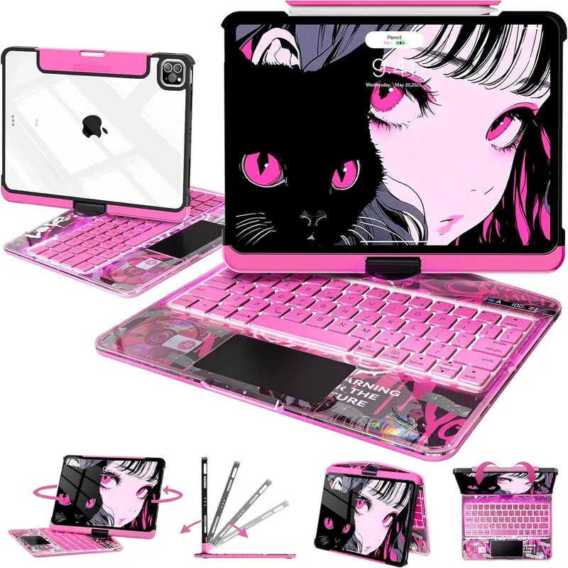 [FallStockUp]NAIDUN Latest 360 Swivel Keyboard with Y2K Style Transparent Case for iPad Tablet Accessories Pink Silicone Backlit Keys Wireless Wireless Portable Keyboard