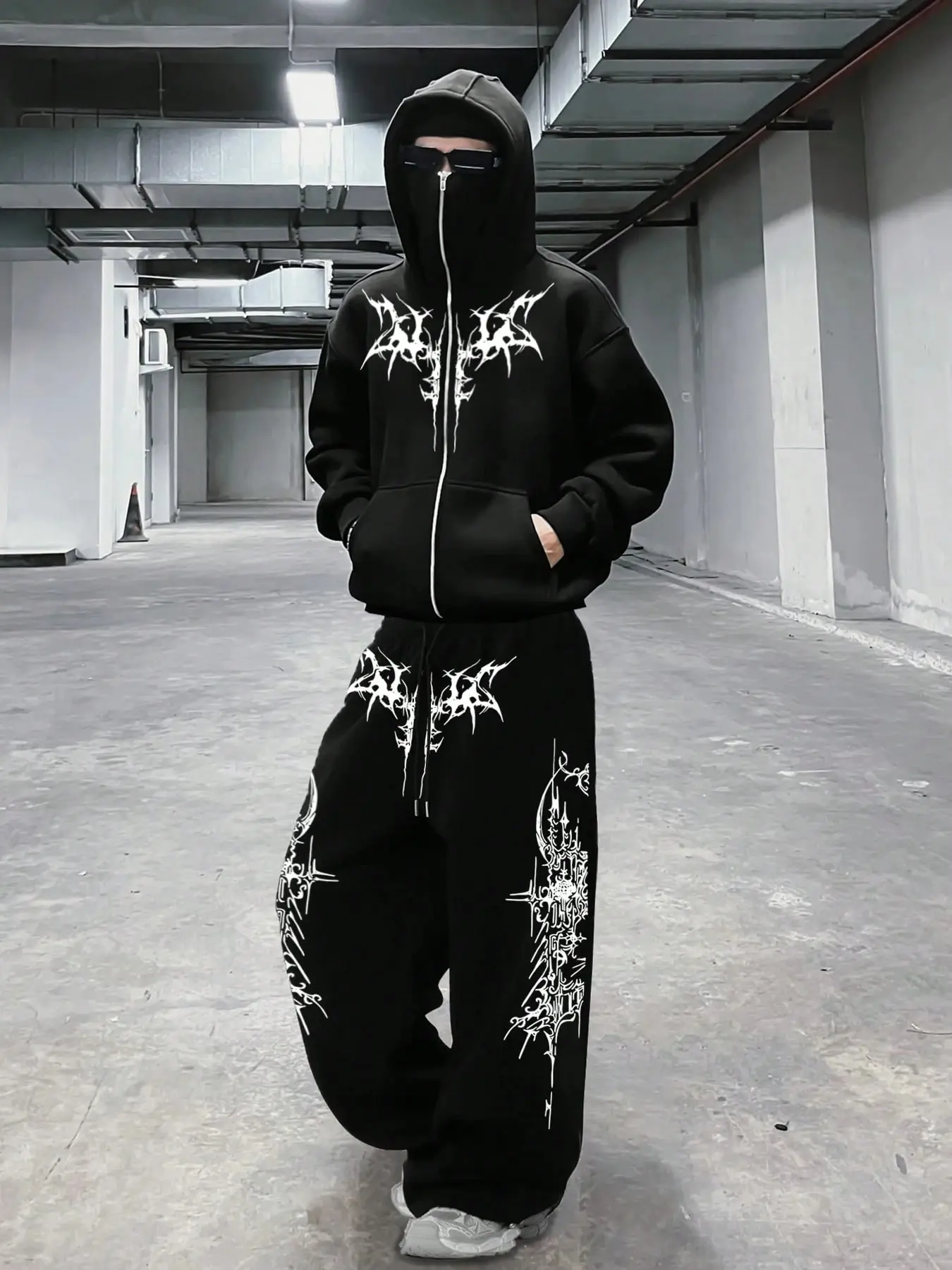 Men's Fashion Casual Two-Piece Set, Graphic Tracksuit, Streetwear Tracksuit Set, Thorn Pattern Print Hoodie and Drawstring Straight Leg Pants, Spring Fall Winter Sports Wear, Tracksuit Outfit