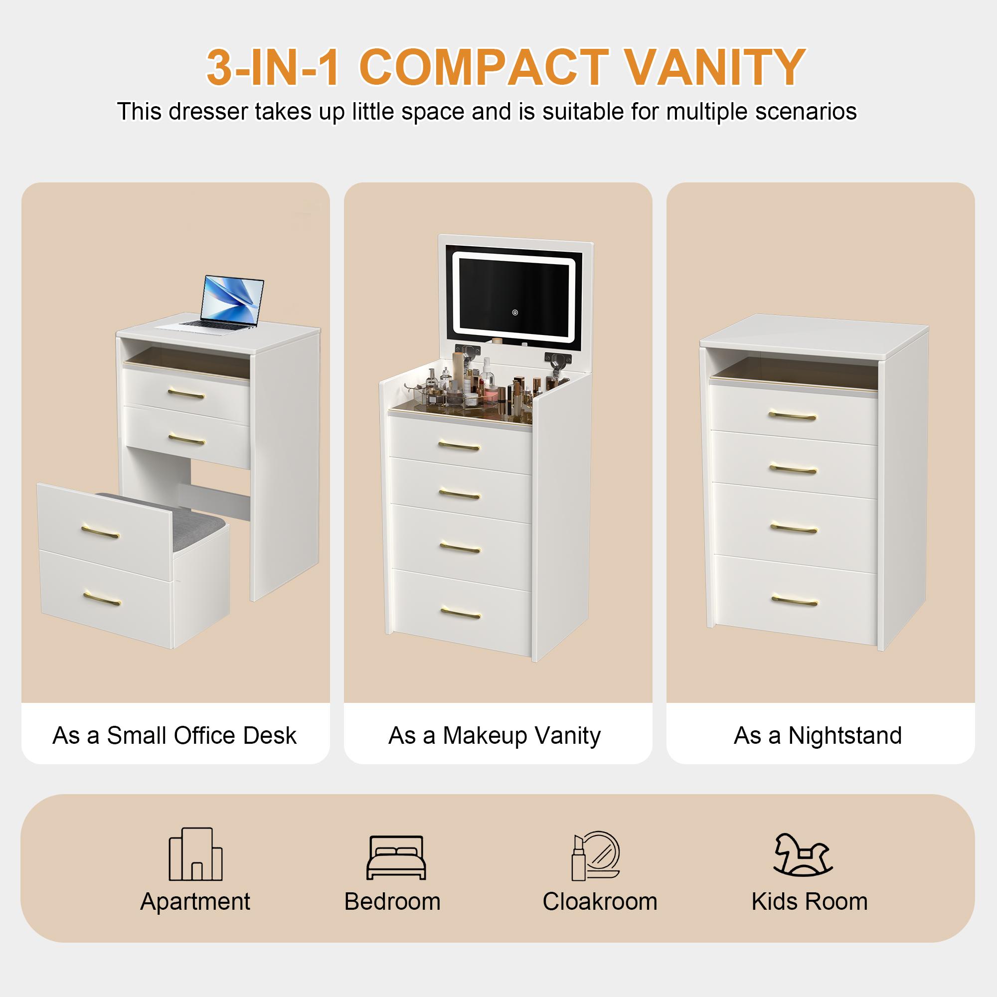 3-in-1 Vanity Desk with Flip-Top Mirror, Nightstand & Makeup Table Combo, Glass Top, 3 Drawers & Hidden Jewelry Storage, Stool Included – Space-Saving Vanity for Small Bedrooms/Apartments 3-in-1 Vanity Desk with Flip-Top Mirror, Nightstand & Makeup Table Combo, Glass Top, 3 Drawers & Hidden Jewelry Storage, Stool Included – Space-Saving Vanity for Small Bedrooms/Apartments