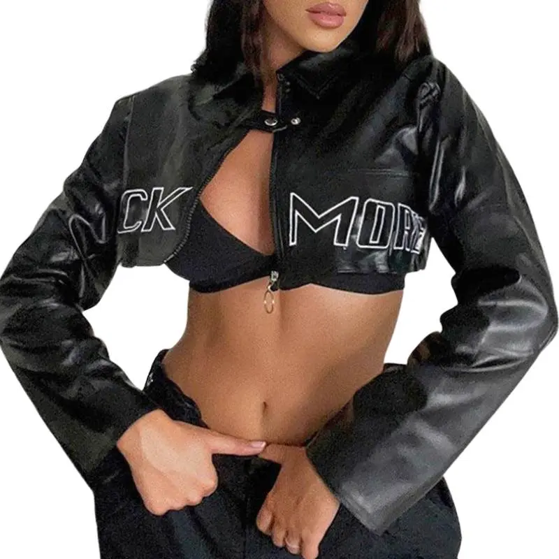 Letter Graphic Embroidered Short Leather Jacket Women Street Outer Wear Collared Zipper Short Leather Coat