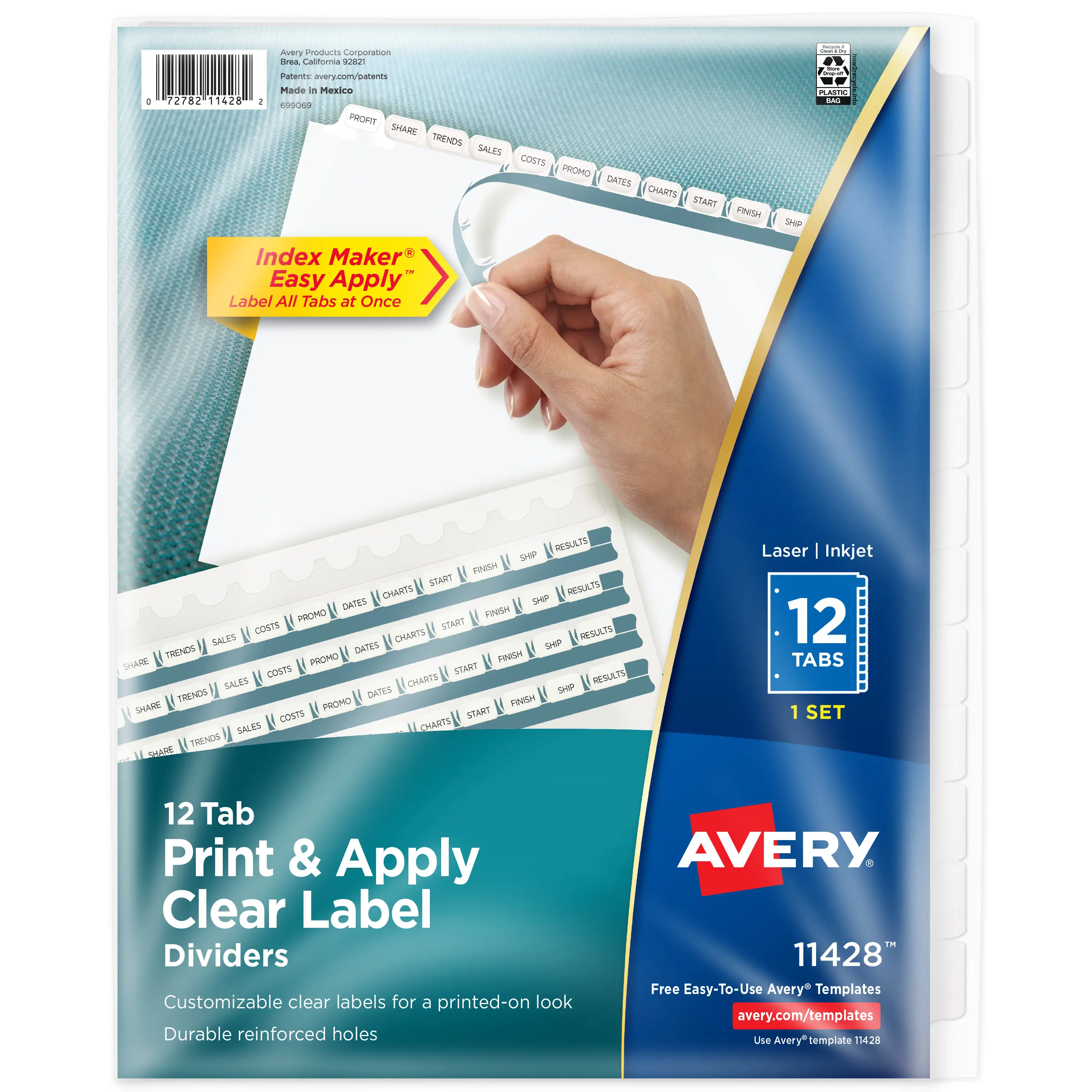 Avery 12 Tab Dividers for 3 Ring Binder, Easy Print & Apply Clear Label Strip, Index Maker Customizable White Tabs, 1 Set (11428)